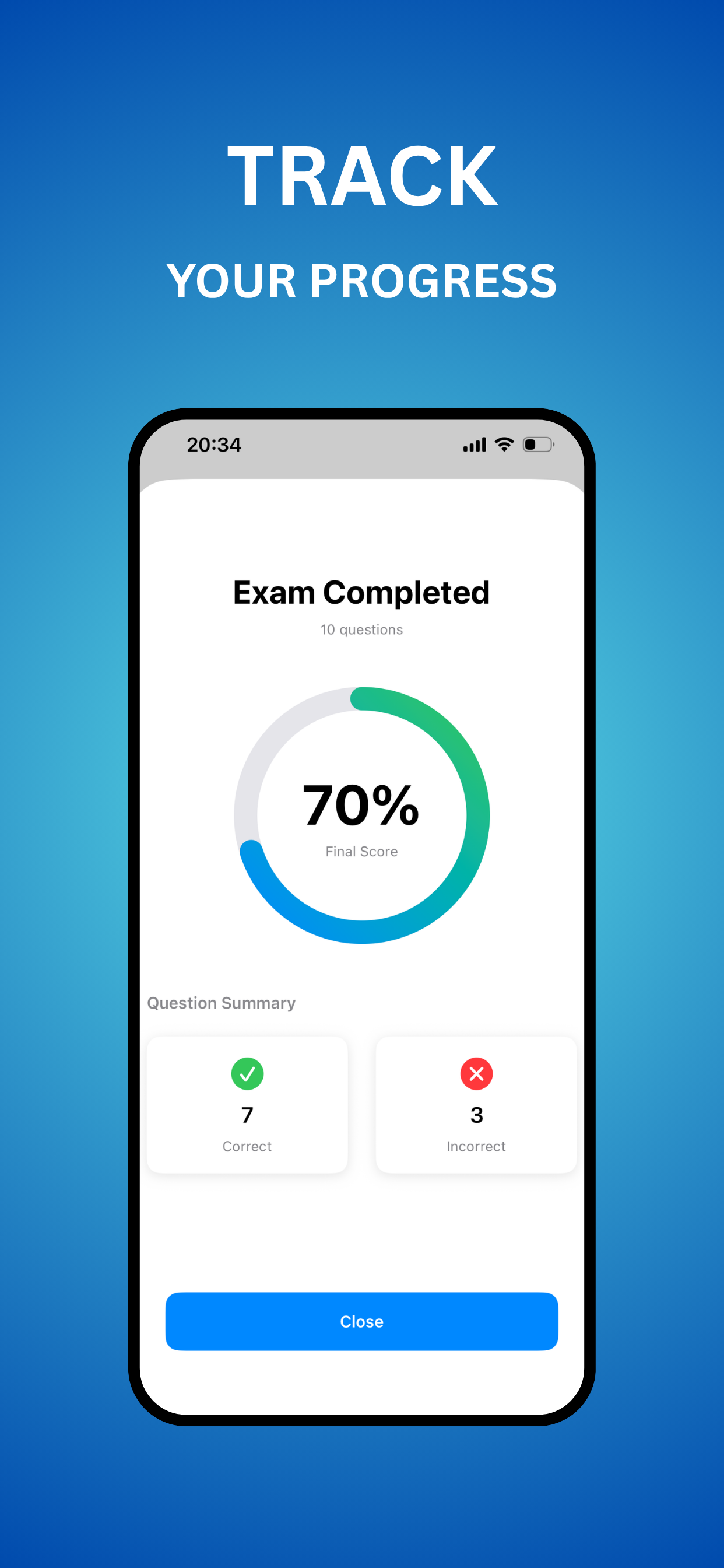 Stats Buddy exam result and progress screen
